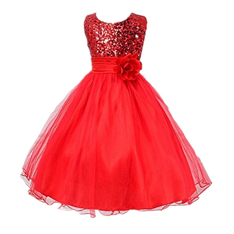 DreamHigh Sequined Flower Girls Party Dress (6, Red) - Image 1
